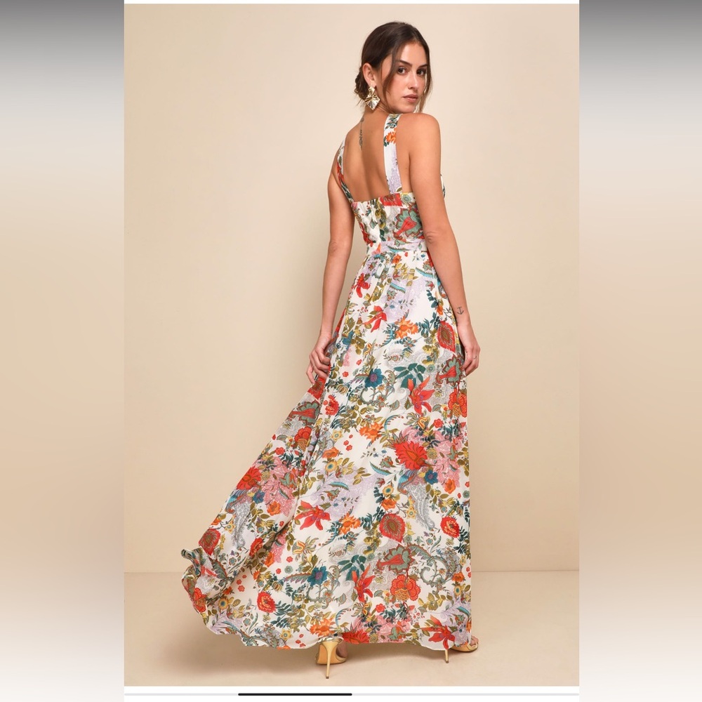 Lulus Lilja Cream Floral Print Maxi Dress Beige - Size S